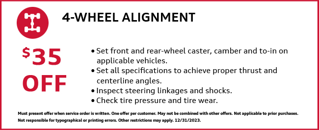 $35 off a 4-wheel alignment. Consult dealer for details.