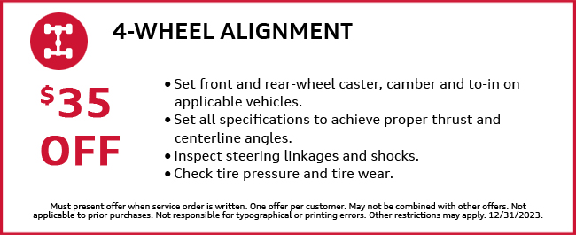 $35 off a 4-wheel alignment. Consult dealer for details.