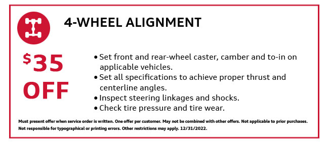 $35 off a 4-wheel alignment. Consult dealer for details.