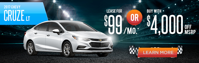 2017 Chevy Cruze LT
Lease for $99/mo*
Or
Buy with $4,000 Off MSRP