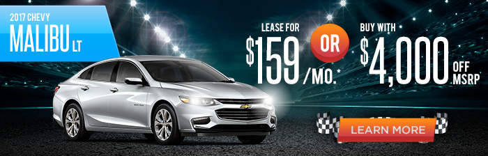 2017 Chevy Malibu LT
Lease for $159/mo*
Or
Buy with $4,000 Off MSRP