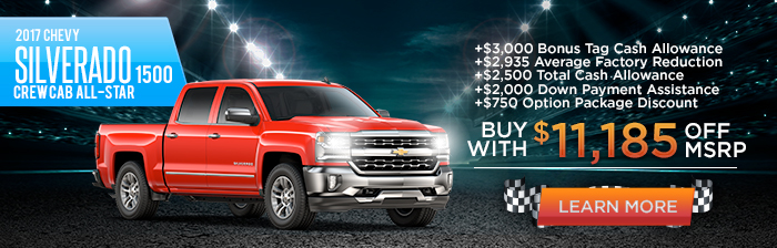 2017 Chevy Silverado 1500 Crew Cab All-Star
Truck Month Special – Find Your Tag!

+$3,000 Bonus Tag Cash Allowance
+$2,935 Average Factory Reduction
+$2,500 Total Cash Allowance
+$2,000 Down Payment Assistance
+$750 Option Package Discount
Buy with $11,185 Off MSRP