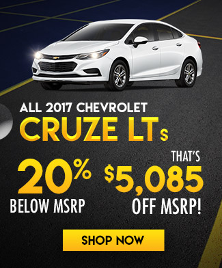 All 2017 Chevrolet Cruze LTs
20% Below MSRP
That’s $5,085 Off MSRP!