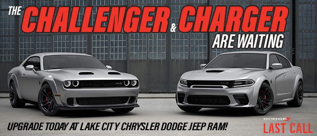 the challenger and charger are waiting. Upgrade today at Lake City Chrysler Dodge Jeep RAM