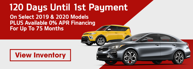 120 Days Until 1st Payment on select 2019 & 2020 models PLUS Available 0% APR Financing for up to 75 months