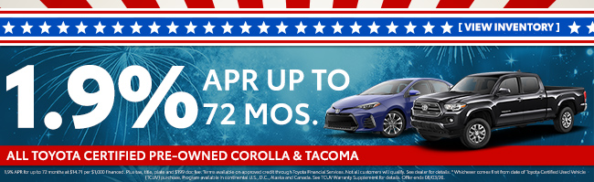 All Toyota Certified Pre-Owned Corolla and Tacoma