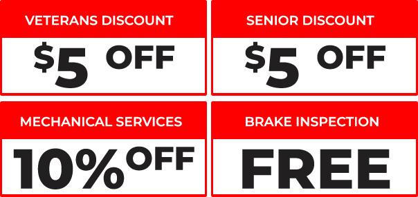 special offers including veterans discount, senior discount, free brake inspection, and 10 percent off services
