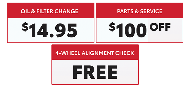 coupons for oil change special, $100 off parts and service, or free wheel alignment check