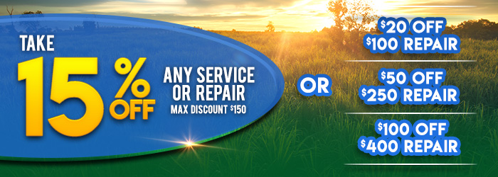 Wild Card 
Take 15% off any Service or Repair
Max discount $150

OR

- $20 off $100 Repair 
- $50 off $250 Repair 
- $100 off $400 Repair 