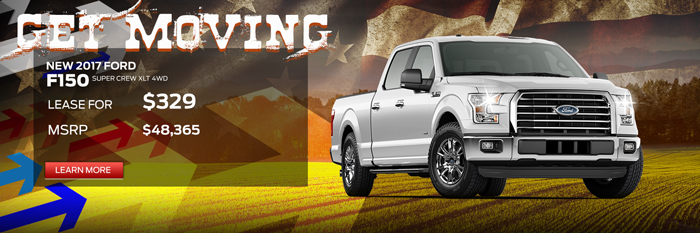 New 2017 Ford F150 SuperCrew XLT 4WD   

MSRP $48,365 

OR

Lease for $329 a month

BUTTON: VIEW SPECIALS

DISC: 

DISC: STK# 10F7071. Lease payments based on 24 months. 10,500 miles a year. Payments include Prices plus tax, tag, title and dealer fee. Prices include all applicable dealer incentives and manufacturer rebates and are based off MSRP, not all buyers will qualify. Current offers are not available on prior purchases or pre-negotiated deals. See dealer for details. Offers Expire 05/31/2017.