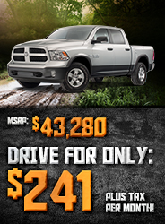 New 2016 Ram 1500 SLT Outdoorsman 
Crew Cab, 4x4
MSRP: $43,280
Drive for only $241 + tax per month!