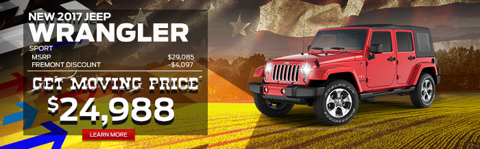 2017 Jeep Wrangler Sport
MSRP: 				$29,085
Fremont Discount: 			-$4,097
Your Price: 				$24,988