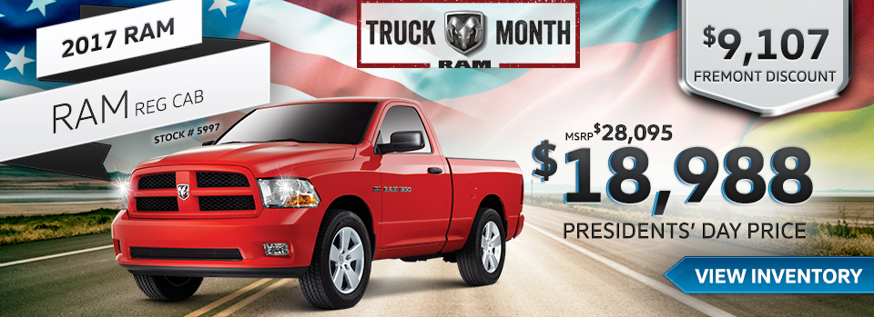 2017 RAM REG CAB
STOCK # 5997
MSRP: $28,095
FREMONT DISCOUNT: $9,107
PRESIDENTS’ DAY PRICE: $18,988
