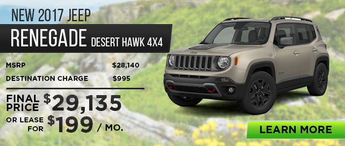 New 2017 Jeep Renegade Desert Hawk 4X4							
MSRP 					$28,140
Destination Charge			$995
_____________________		 
Final Price			$29,135

Or Lease For $199 / Month