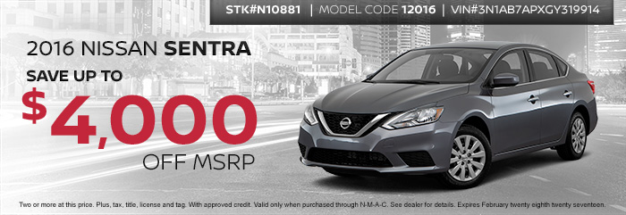 2016 Nissan Sentra
Save up to $4,000 OFF MSRP
STK#N10881
Model Code 12016
VIN#3N1AB7APXGY319914
