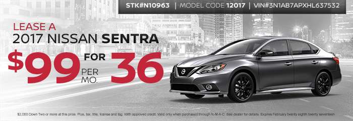 Lease a 2017 Nissan Sentra
$99 per Month for 36 Months
STK# N10963
Model Code 12017
VIN#3N1AB7APXHL637532