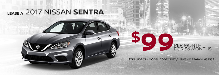Lease a 2017 Nissan Sentra
$99 per Month for 36 Months
STK# N10963
Model Code 12017
VIN#3N1AB7APXHL637532
Disclaimer:  $2,000 Down Two or more at this price. Plus, tax, title, license and tag. With approved credit. Valid only when purchased through N-M-A-C. See dealer for details. Expires February twenty eighth twenty seventeen. 