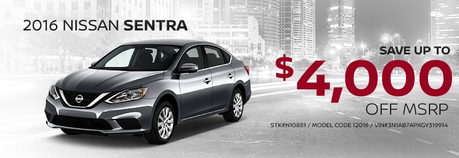 2016 Nissan Sentra
Save up to $4,000 OFF MSRP
STK#N10881
Model Code 12016
VIN#3N1AB7APXGY319914
Disclaimer: Two or more at this price. Plus, tax, title, license and tag. With approved credit. Valid only when purchased through N-M-A-C. See dealer for details. Expires February twenty eighth twenty seventeen. 