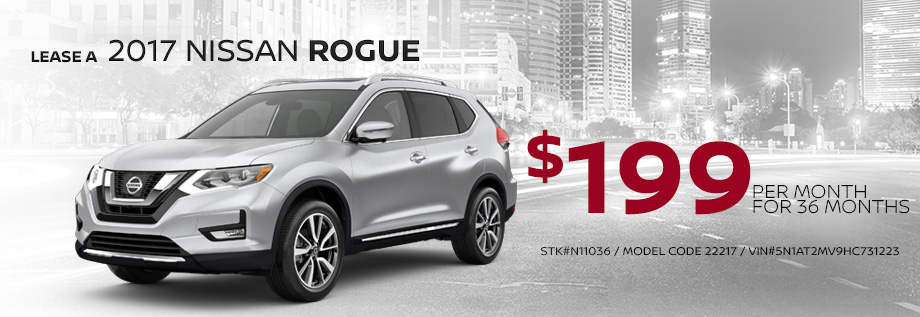 Lease a 2017 Nissan Rogue 
$199 per Month for 36 Months
STK#N11036
Model Code 22217
VIN#5N1AT2MV9HC731223
Disclaimer:  $2,000 Down Two or more at this price. Plus, tax, title, license and tag. With approved credit. Valid only when purchased through N-M-A-C. See dealer for details. Expires February twenty eighth twenty seventeen. 