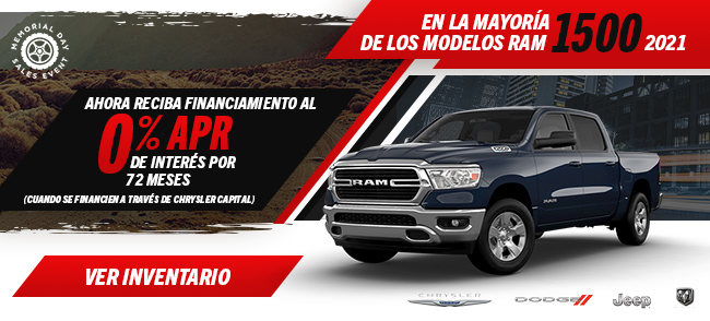 Ahora reciba Financiamiento al 0% de interés por 72 Meses en la mayoría de los modelos Ram 1500 2021 (cuando se financien a través de Chrysler Capital)