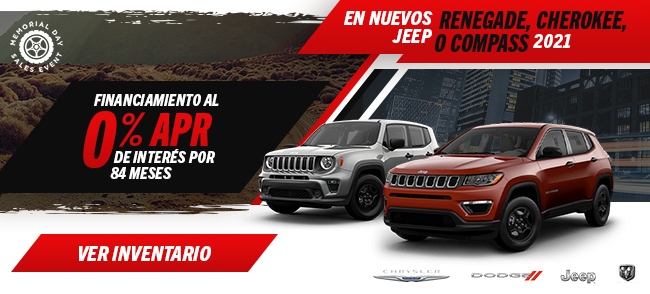 Financiamiento al 0% de interés por 84 meses en Nuevos Jeep Renegade, Jeep Cherokee, OR Jeep Compass 2021