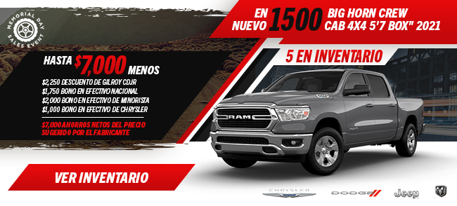 Hasta $7,000 Menos en Nuevo RAM 1500 BIG HORN CREW CAB 4X4 5'7 BOX" 2021