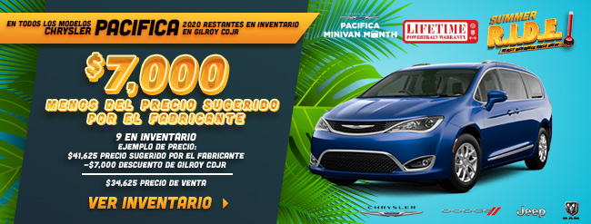 $7,000 Menos del Precio Sugerido Por el Fabricante en todos los modelos Chrysler Pacifica L 2020 restantes en inventario en Gilroy CDJR