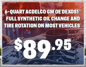 6-Quart GM OE DEXOS1 full synthetic oil change and tire rotation on most vehicles