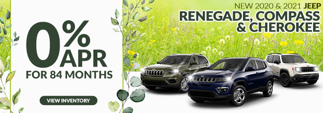 0% APR for 84 months on New 2020 & 2021 Jeep Renegade, Jeep Compass, & Jeep Cherokee