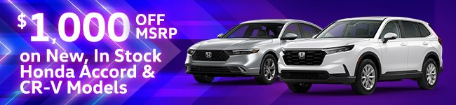 one thousand dollars off MSRP on New, in-stock Honda Accord and CR-V models