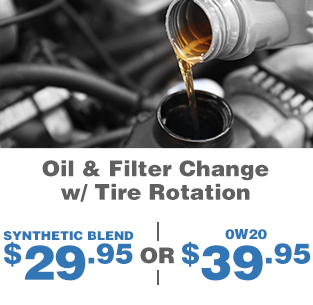 Oil & Filter Change w/ Tire Rotation Service Special: Synthetic Blend $29.95 or OW20 $39.95