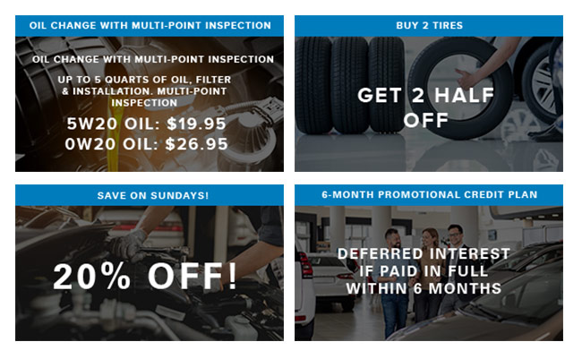 special offers on service including and oil change, tire special and more