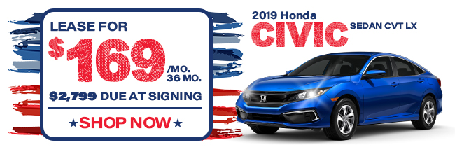 2019 Honda Civic Sedan CVT LX, lease for $169 per month for 36 months, $2,799 due at signing
