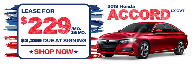 2019 Honda Accord LX CVT, lease for $229 per month for 36 months, $2,399 due at signing