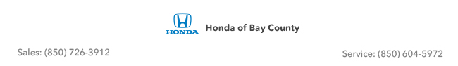 Honda of Bay County logo and phone numbers: Sales: 850.726.3912 and Service: 850.604.5972