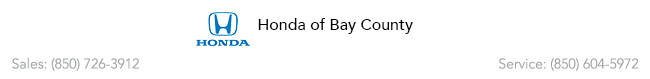 Honda of Bay County logo and phone numbers: Sales: 850.726.3912 and Service: 850.604.5972