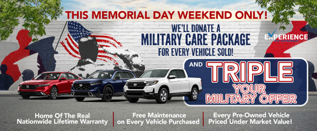 we will donat a military care package for every vehicle sold Memorial Day Weekend at Honda Sarasota