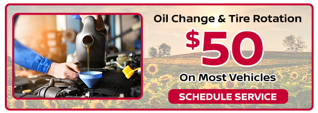 Oil change and tire rotation $50 on most vehicles