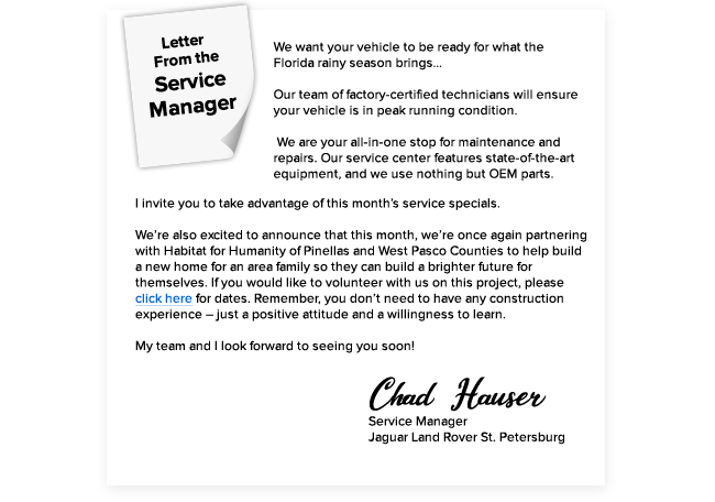 Letter From the Service Manager - Chad Hauser