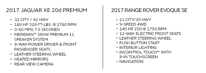 2017 Jaguar XE and 2017 Range Rover Evoque SE features list