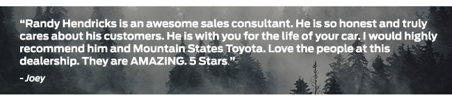 Randy Hendricks is an awesome sales consultant. He is so honest and truly cares about his customers. He is with you for the life of your car. I would highly recommend him and Mountain States Toyota. Love the people at this dealership. They are AMAZING. 5 Stars.