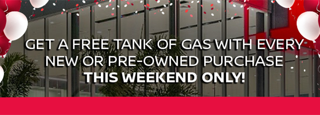 Get a free tank of gas with every new or pre-owned purchase this weekend only