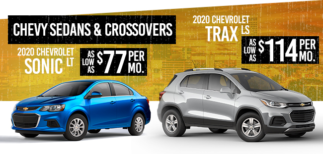 Chevrolet Sedans & Crossovers 2020 Chevrolet Sonic LT: As Low As $77/Month!  2020 Chevrolet Trax LS: As Low As $114/Month!
