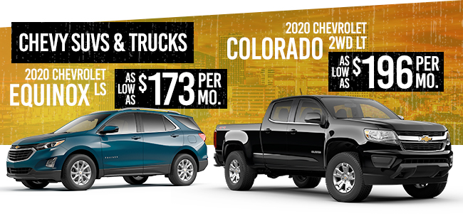 Chevrolet SUVs & Trucks 2020 Chevrolet Equinox LS: As Low As $173/Month!  2020 Chevrolet Colorado 2WD LT: As Low As $196/Month!