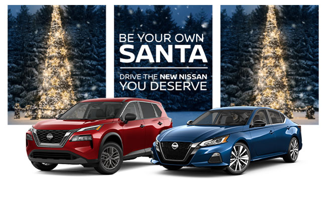 Be your own Santa, drive the new Nissan you deserve, showing 2 new Nissans in Holiday Scene