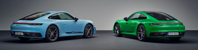 a blue Porsche and a green Porsche