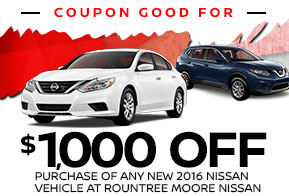 Coupon Good for $1,000 OFF Purchase of any New 2016 Nissan Vehicle at Rountree Moore NissanN