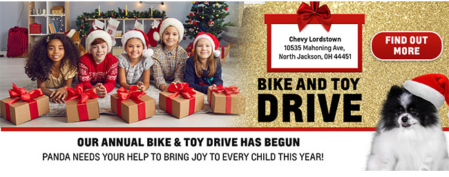 5 kids with Christmas presents and announcment that our Bike and Toy Drive has begun. Panda needs your help to bring joy to every child this year