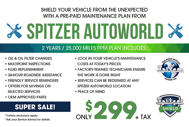 shield your vehicle with a pre=paid maintenance plan from Spitzer Autoworld