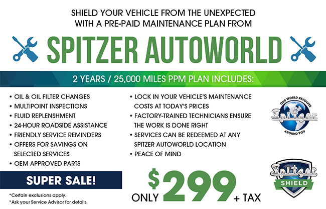 shield your vehicle with a pre=paid maintenance plan from Spitzer Autoworld
